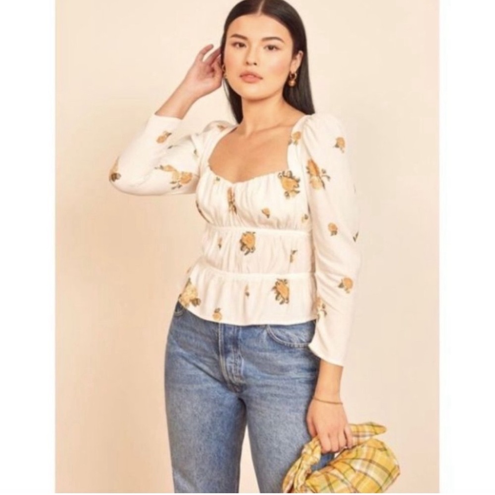 Reformation Plath Floral Top Blouse Puff Sleeve